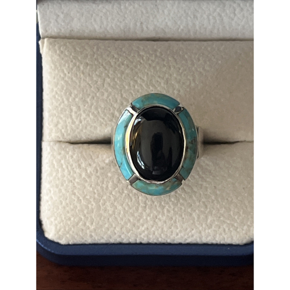 Signed Ted Ott Vintage Sterling 925 Onyx & Turquoise Inlay Navajo Ring Size 6.5 - Picture 11 of 13